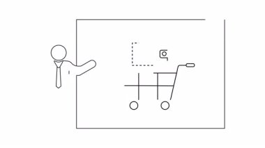 Alışveriş arabasının içinde bir cüzdanı gösteren bir ekranı gösteren basit bir sunucu çizimi e-ticareti ya da online alışverişi temsil ediyor..