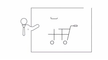 Basit bir çizgi sanat animasyonu bir sunucunun alışveriş arabasında elektrik prizi olan bir tahtayı gösterdiğini gösteriyor. Elektrikli araçlar, alışveriş ve teknoloji sunumları için mükemmel..