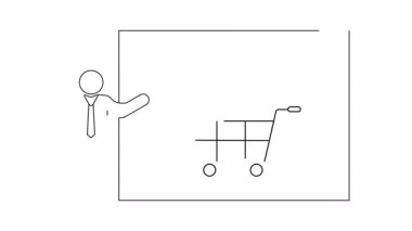 Bir sunucunun, alışveriş arabasındaki bombayla sembolize edilmiş potansiyel riskli bir satış stratejisini tartıştığı bir çizgi çizgisi çizimi..