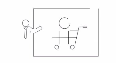 Yemek dolu bir alışveriş arabasını sunan kişiyi gösteren bir çizgi çizgisi çizimi, iş ve gıda ile ilgili sunumlar için ideal.