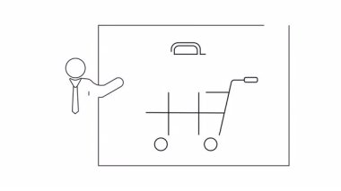 Bir adam, internetteki eczaneyi ya da sağlık hizmetleri alışveriş konseptini temsil eden tıbbi bir sembol taşıyan bir alışveriş arabası sunuyor..