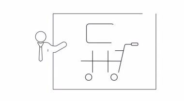 Adamın biri alışveriş arabasında dizüstü bilgisayar sunuyor, online alışverişi sembolize ediyor. Basit, temiz bir çizgi çizimi..