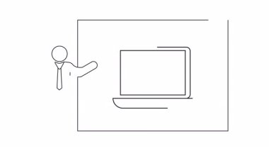 Sunucu sunum sırasında dizüstü bilgisayarında bir kozmetik ürün sergiliyor. Resim basit bir çizgi çizimi..