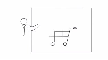 İş ve teknoloji sunumları için ideal konum broşlu bir alışveriş arabasını sunan bir kişinin basit bir çizimi.