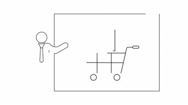 Basit bir taslak çizimi, bir kişinin bir alışveriş arabasını ekranda bir belgeyle sunuşunu gösteriyor..