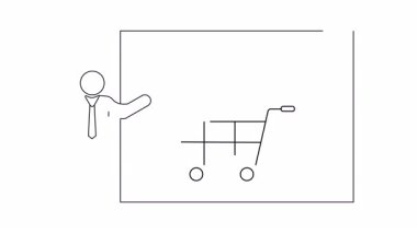 İçinde kalem olan bir alışveriş arabasını sunan kişiyi gösteren bir çizgi çizgisi çizimi, iş veya eğitim içeriği için ideal.