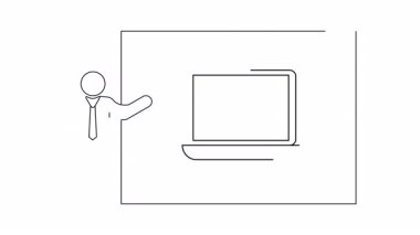 Basit bir çizgi çizimi, el dezenfektanı şişesini gösteren bir dizüstü bilgisayar sunan, hijyen ve teknolojiyi vurgulayan.