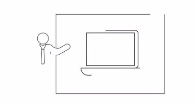 Basit bir çizgi çizimi sunucunun laptopta sosis tartışmasını gösteriyor, yemek teknolojisi veya sunum teması için ideal..