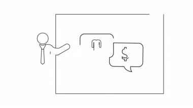 Bir iş sunumunun basit bir animasyonu. Beyaz tahtada finans ve personel konularını açıklayan bir adam..