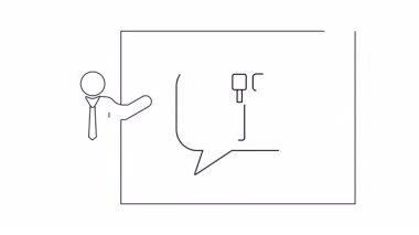 Bir kişinin çekiç simgesi ile bir ekran sunan basit bir çizgi çizimi, yapım veya inşa temaları için ideal.