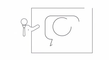 Küresel iletişimi veya çevresel farkındalığı sembolize eden, Dünya 'yı içeren bir konuşma baloncuğu sunan bir kişinin tek çizgi çizimi.