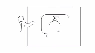Basit bir çizgi çizimi sunucunun el dezenfektanı hakkında konuştuğunu gösteriyor, hijyen ve sağlıkla ilgili içerik için ideal. Açık iletişim için minimalist tasarım.