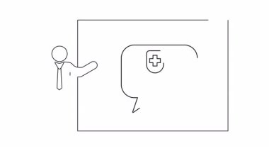 Bir minimalist tek satırlık sanat animasyonu sunucuyu sağlık hizmetlerinden bahsederken gösteriyor, bir haç ve stetoskopla konuşma baloncuğu sunuyor..