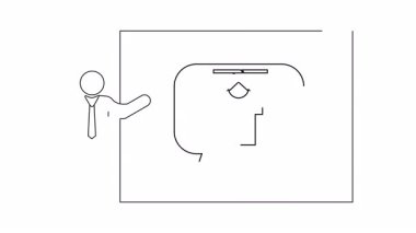 Bir giyim markasının animasyon sunumu. Bir sunucu konuşma balonunda askıda tişört gösteren bir ekranın yanında duruyor..