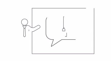 Temizlik ekipmanları üzerine sunum yapan bir kişinin tek çizgi çizimi. Eğitim veya iş içeriği için mükemmel.