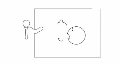 Küresel bildirimler, iş sezgileri ve teknoloji trendleri üzerine bir sunum. Bir sunucu, ekran, çan ve dünya çizimi.