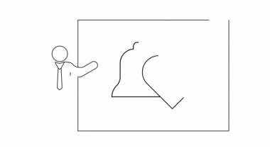Bildirim çanı ve kalp simgeleriyle ekranı sunan bir kişinin basit bir çizgi çizimi, sunumlar veya eğitim içeriği için ideal.