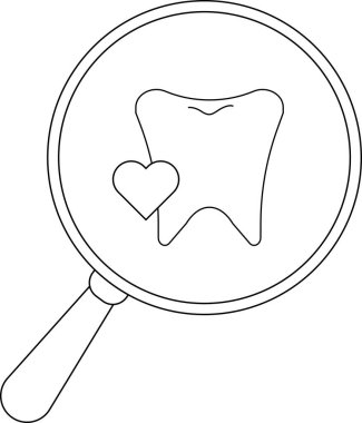 Yanı başında kalp olan bir dişin çizgi çizimi, büyüteçle büyütülmüş, diş sağlığı ve bakımı simgeliyor..