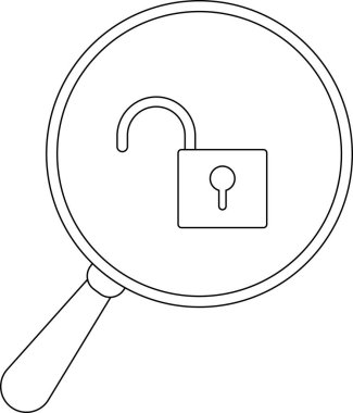 Bir büyüteç kilitlenmemiş bir asma kilide odaklanır, güvenlik açıklarını, keşifleri ve minimalist bir tasarımda çözüm arayışını sembolize eder..