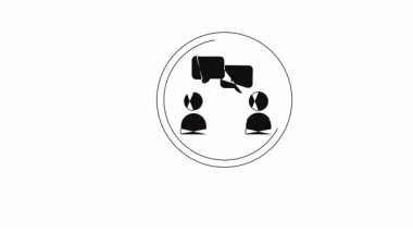 Bir büyüteç iletişim kuran iki bireye odaklanır, çeviri simgeleri dil yorumlamasını ve kültürler arası anlayışı sembolize eder. Küresel iletişim için görsel bir kavram.