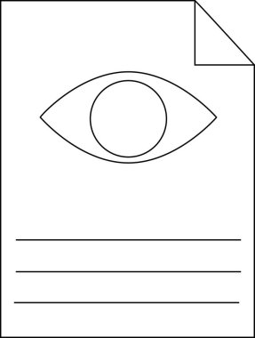 Katlanmış köşeli bir kağıt parçasına basit bir siyah beyaz göz çizimi ve yazmak için çizgiler..