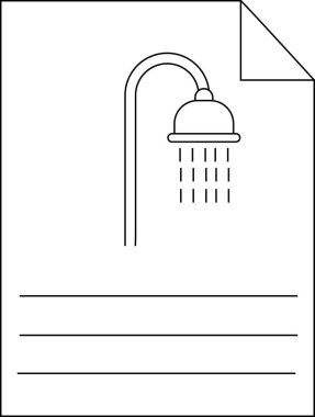 Duş başlığının basit bir siyah beyaz çizimi. Üzerinde su damlacıkları olan bir kağıt parçası. Yazmak için satırlar..