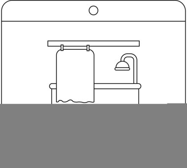 Bir bilgisayar ekranında sergilenen, modern tasarım kavramlarının sergilendiği minimalist bir banyo içi çizgisi çizimi..