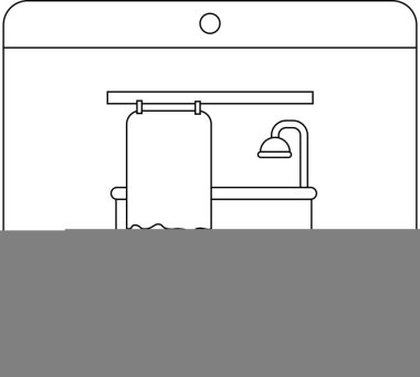 Bir bilgisayar ekranında sergilenen, modern tasarım kavramlarının sergilendiği minimalist bir banyo içi çizgisi çizimi..
