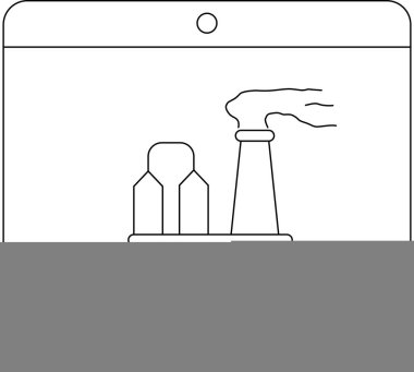 Bilgisayar ekranında endüstriyel kirliliği ve çevresel kaygıları simgeleyen duman yayan bir fabrika görülüyor. Beyaz arkaplanda satır sanatı.