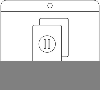 Bir bilgisayar ekranı bir duraklama sembolü gösterir, bu da ortam denetimini veya etkinlikteki bir molayı gösterir. Minimalist tasarım basitlik ve işlevselliği vurgular.