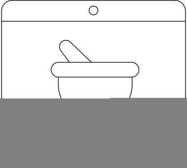 A computer screen displaying a mortar and pestle icon, representing online pharmacy services and healthcare technology.