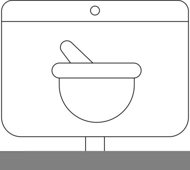 Çevrimiçi eczane hizmetleri ve sağlık teknolojisini temsil eden havan topu ve tokmak simgesini gösteren bir bilgisayar ekranı.