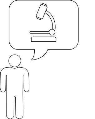 Mikroskop içeren, bilim, araştırma ya da eğitimi temsil eden düşünce baloncuğu olan birinin basit bir çizgisi..