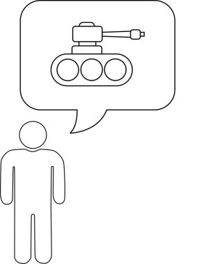 Tank içeren bir düşünce baloncuğu olan bir kişinin basit bir çizimi, savaş ya da askeri gücün düşüncelerini simgeliyor..