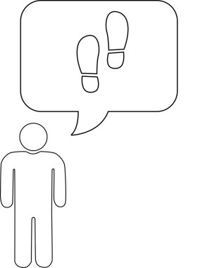 Ayak izleri içeren bir düşünce baloncuğu olan bir kişinin basit bir çizimi takip etme, takip etme ya da iz bırakma fikirlerini ortaya koyuyor..