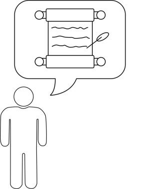 Bir insan, bir parşömene kalemle yazmayı düşünürken tasvir edilir, fikirleri, tarihi veya yaratıcı yazıları önerir..