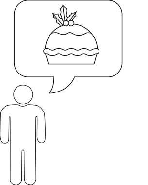 Yılbaşı pudingini düşünen birinin basit bir siyah-beyaz çizimi, boyama sayfaları ve tatil temalı aktiviteler için mükemmel..