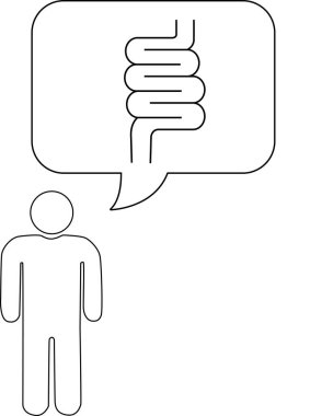 Düşünce baloncuğu olan, sindirim sağlığını ya da endişeleri temsil eden bağırsakların görüntüsünü içeren basit bir çizim..