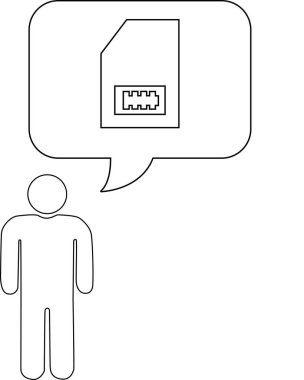 SIM kartı içeren ve teknolojiyi veya iletişimi temsil eden düşünce baloncuğu olan bir kişinin basit bir çizgi çizimi.