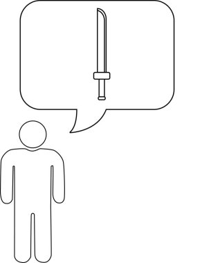 Minimalist bir çizgi, içinde bir kılıç bulunan düşünce baloncuğu olan bir insanı tasvir eder, savaş veya korunma düşüncelerini sembolize eder.