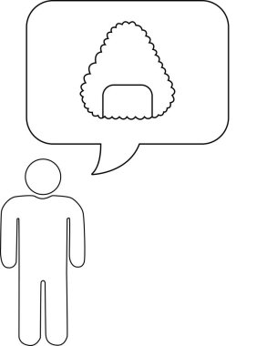Onigiri içeren bir düşünce baloncuğu olan bir kişinin minimalist bir sanat çizgisi çizimi, açlığı ya da Japon yemeği arzusunu temsil ediyor..