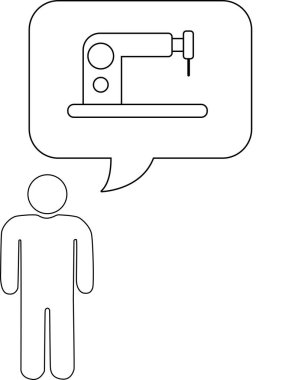 Düşünce baloncuğu olan bir insanın basit bir tasviri. Dikiş makinesi içeren, beyaz üzerinde izole edilmiş..