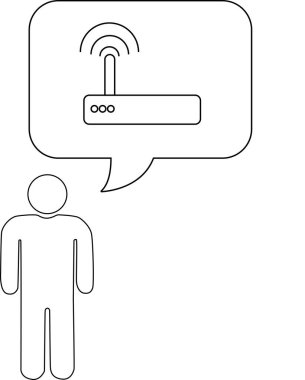 Wi-Fi yönlendiricisi içeren, ağ bağlantısını ya da internet erişimini temsil eden düşünce baloncuğu olan bir kişinin basit bir çizgi çizimi.