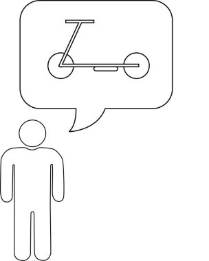 Mobilet içeren bir düşünce baloncuğu olan bir kişinin minimalist çizimi, ulaşım veya eğlence teması için ideal.