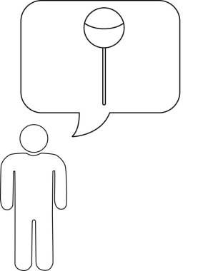 Çubuk bir adam lolipopu düşünüyor. Lolipop bir konuşma balonunun içinde. Görüntü siyah beyaz..