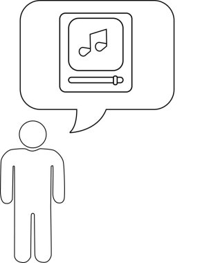 Bir çubuk figürü müzik hakkında düşünür, konuşma balonunda bir müzik çalar simgesi tarafından temsil edilir..