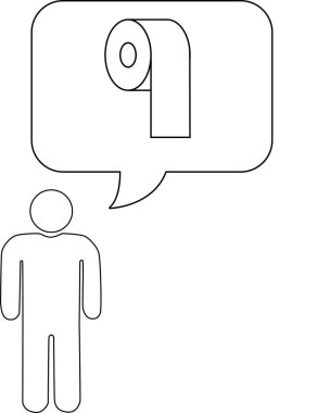 Siyah beyaz çizilmiş bir tuvalet kağıdı rulosu içeren düşünce baloncuğu olan basit bir çöp adam..