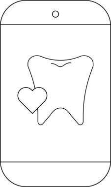 Diş ve kalp sembolü içeren bir diş sağlığı uygulaması ikonunun basit bir çizgisi çizimi..