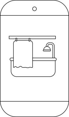 Bir akıllı telefon ekranında banyo ve perde ile basit bir çizgi çizimi, uygulama simgesi veya kullanıcı arayüzü ögesi için uygun.