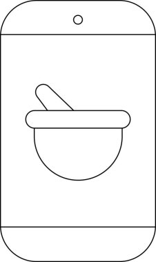 Havan topu ve tokmağı içeren minimalist bir akıllı telefon ikonu, bir eczane veya eczacılık uygulamasını sembolize ediyor, temiz, çizilmiş bir tarzda.